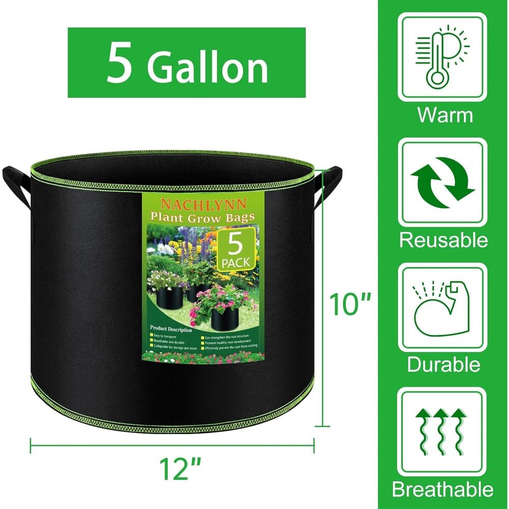 NACHLYNN 5 Pack 5 Gallon Grow Bags Heavy Duty Aeration Fabric Pots with Handles